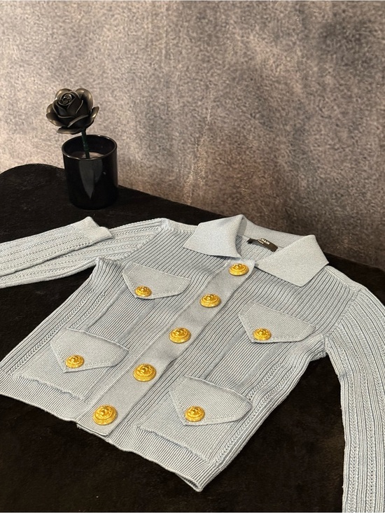 Balmain Jackets & Blazers - Balmain Rib Knit Cardigan Blue Gold Button Jacket